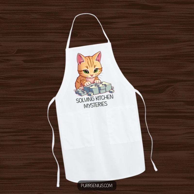 Funny apron featuring a cat deeply concentrated on a complex puzzle, perfect for cooking enthusiasts who enjoy a humorous kitchen accessory.