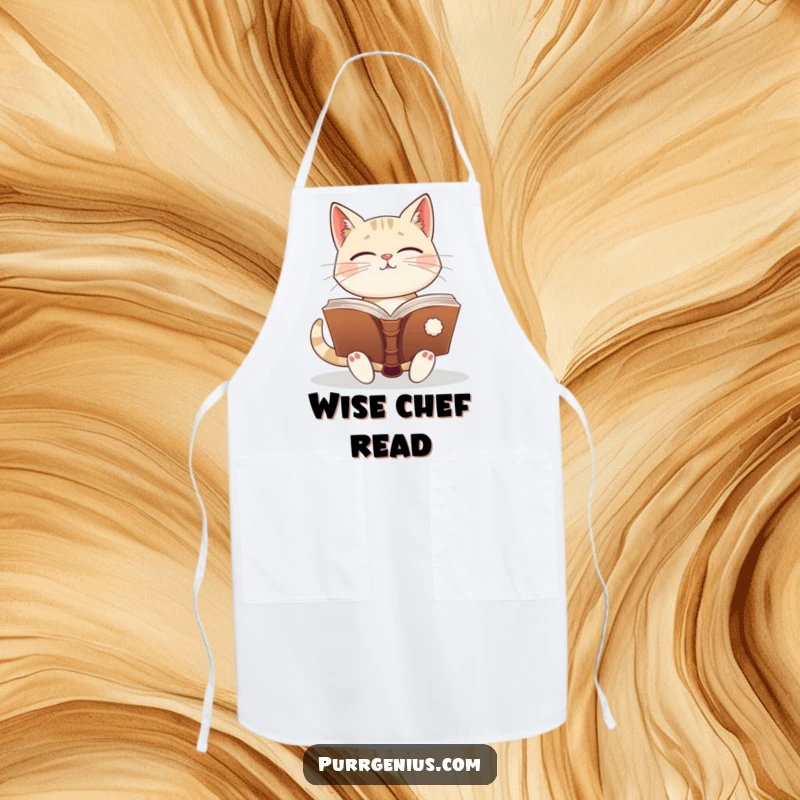 Funny enlightened cat holding an ancient book, ready to cook. This apron adds wisdom and humor to the kitchen.
