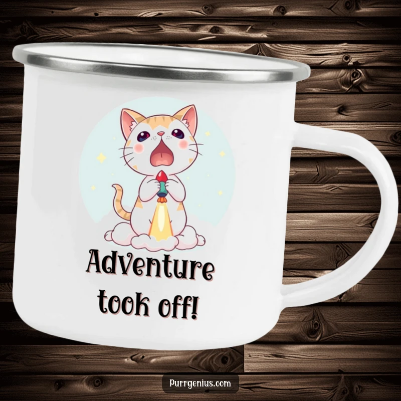Funny enamel camping mug showing a cat startled by a small rocket launch, ideal for outdoor enthusiasts who appreciate humor.