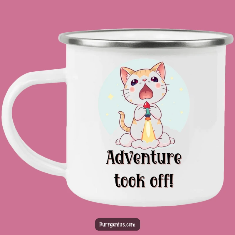 Funny Cat Rocket Launch Enamel Mug: Adventure Fuel for the Startled