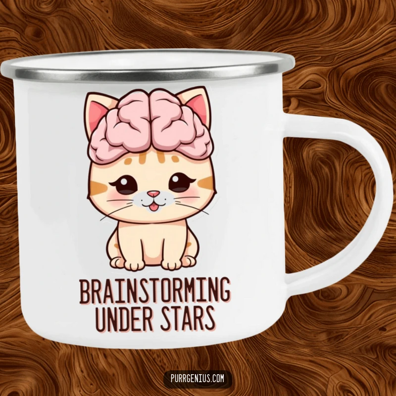Funny cat with a giant brain symbol, ready for adventure on this durable camping mug.