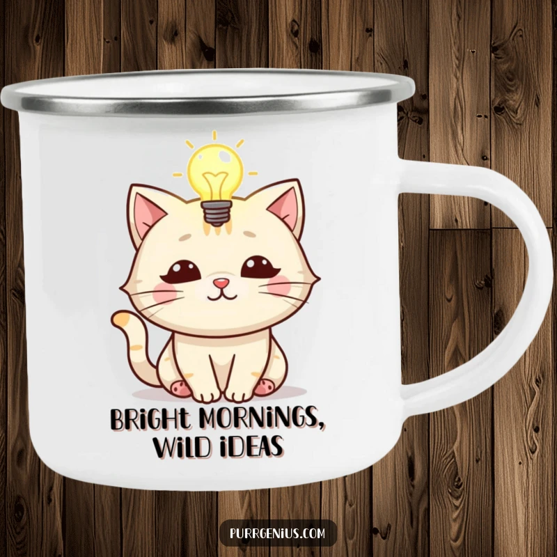 Funny camping mug featuring a cat with a bright lightbulb, symbolizing inspiration for outdoor adventures.