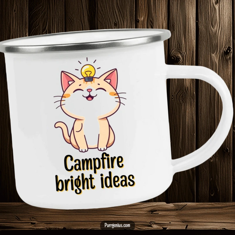 Funny Camping Mug: An inspired cat with a lightbulb enjoys the outdoors, blending creativity with adventurous humor.
