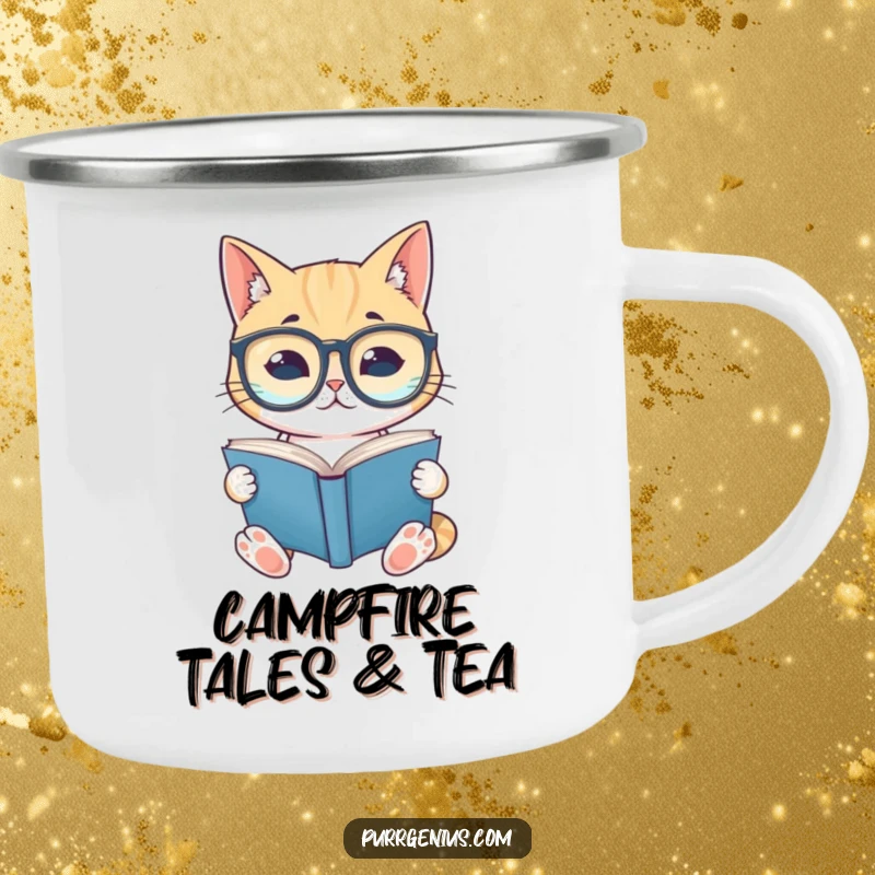 Durable funny camping mug with a cat wearing spectacles reading a book, perfect for outdoor use and literary enjoyment.