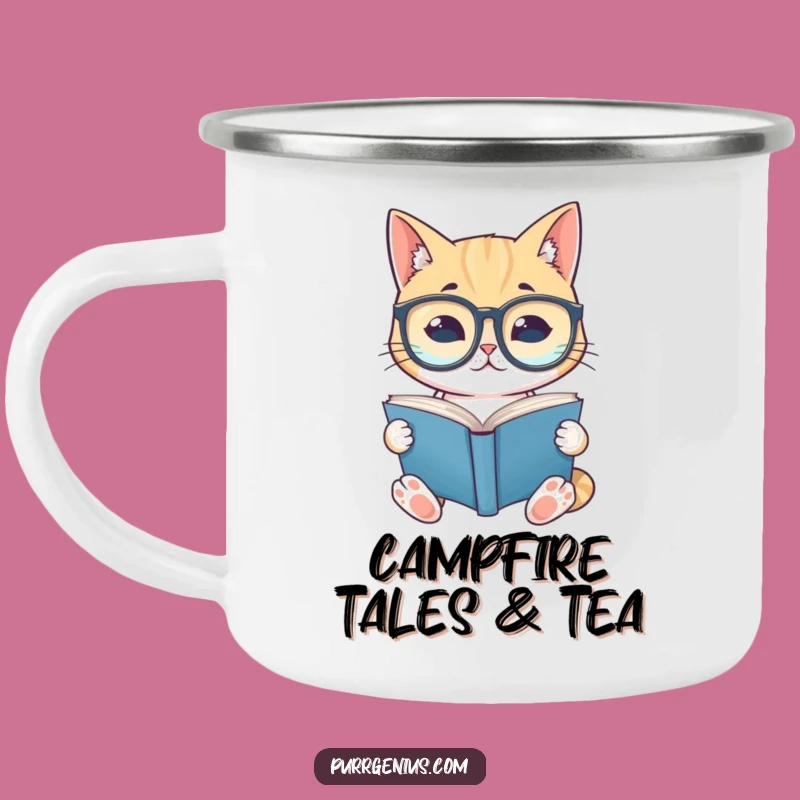 Funny Bookworm Cat Camping Mug: Enjoy Your Brew with Literary Companionship