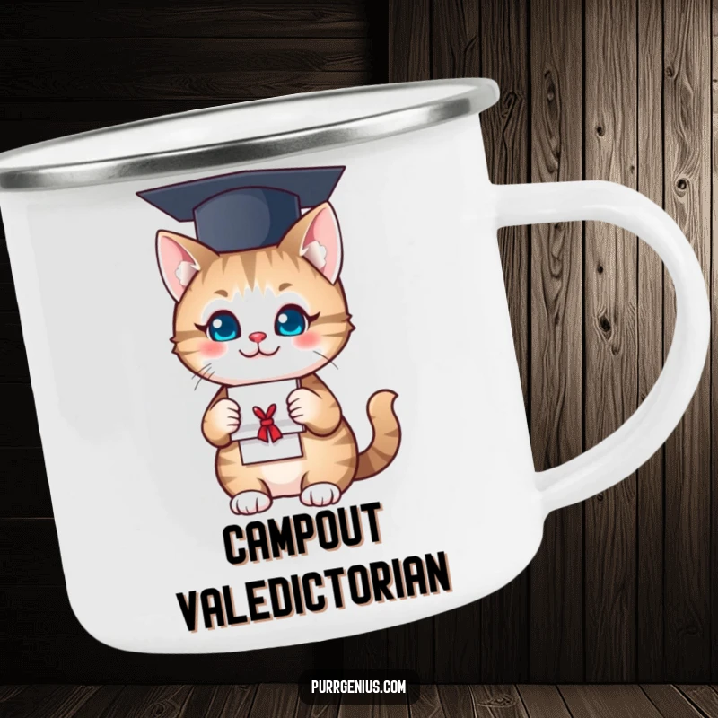 Funny Camping Mug: A proud cat in graduation gear enjoys the outdoors, blending academic success with adventurous humor.
