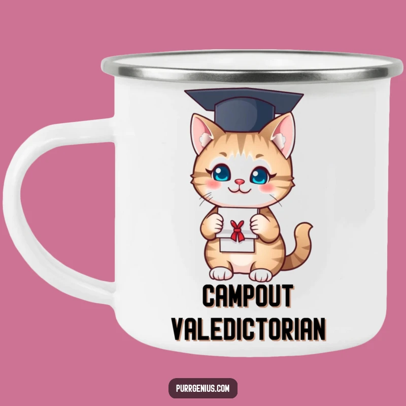 Funny Enamel Mug: Graduate Cat Adventure, Humorous Coffee Cup for Grads