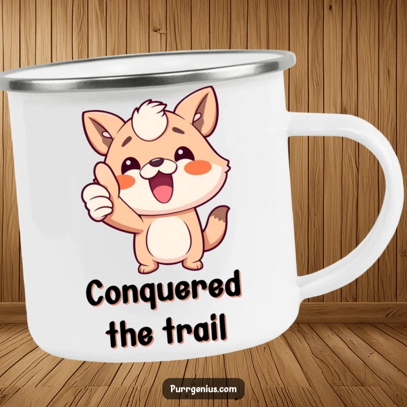 Funny animal character giving a thumbs up, perfect for camping trips, printed on a durable camping mug, a fantastic funny gift.