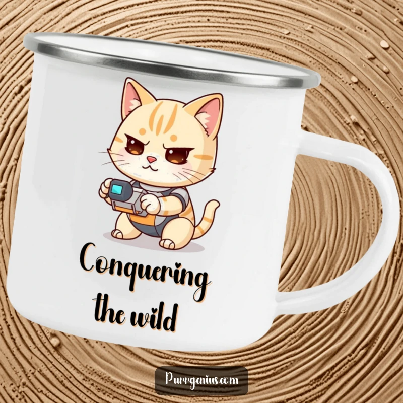 Funny Kawaii cat operating a small robot, designed for a durable camping mug, perfect for outdoor humor.