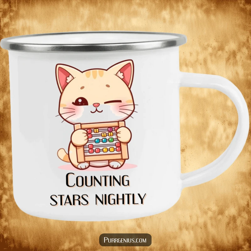 Funny Camping Mug: A winking cat holds a tiny abacus, symbolizing cleverness and wit for your outdoor adventures and warm drinks.