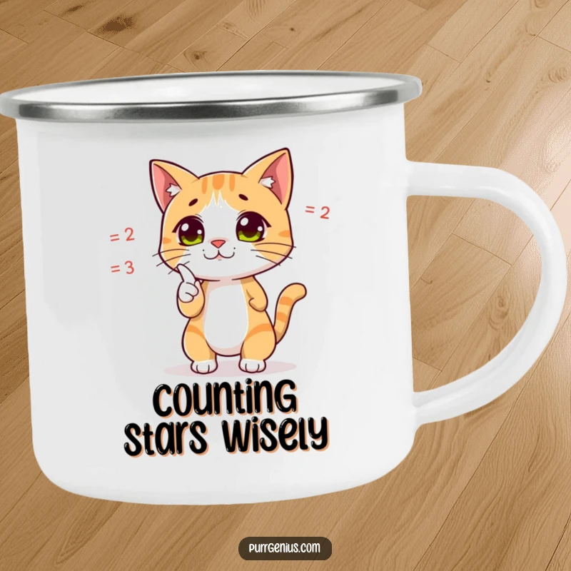 Funny camping mug featuring a cute cat character dramatically pointing at a complex equation, perfect for outdoor math enthusiasts.