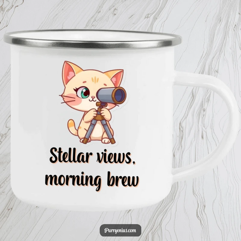 Funny camping mug featuring a curious cat character peering through a telescope, perfect for outdoor stargazing.