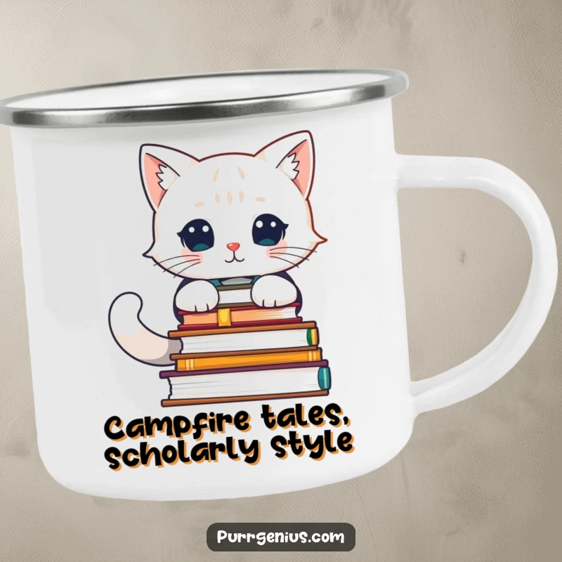 Funny camping mug featuring a wise cat character studying advanced books, ready for outdoor adventures and deep thoughts.