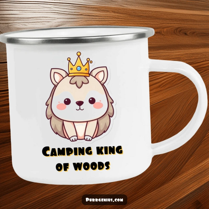 Funny camping mug illustration of an animal wearing a small crown, perfect for regal outdoor enjoyment.