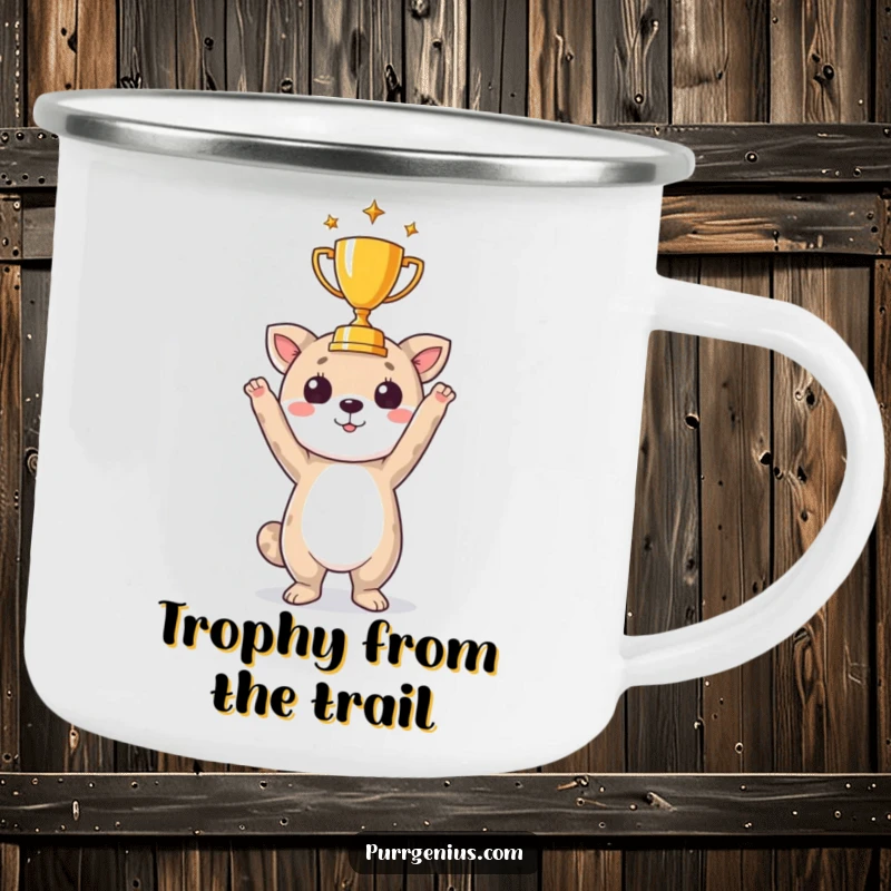 Funny camping mug illustration of a triumphant animal holding a small trophy, perfect for outdoor celebrations.
