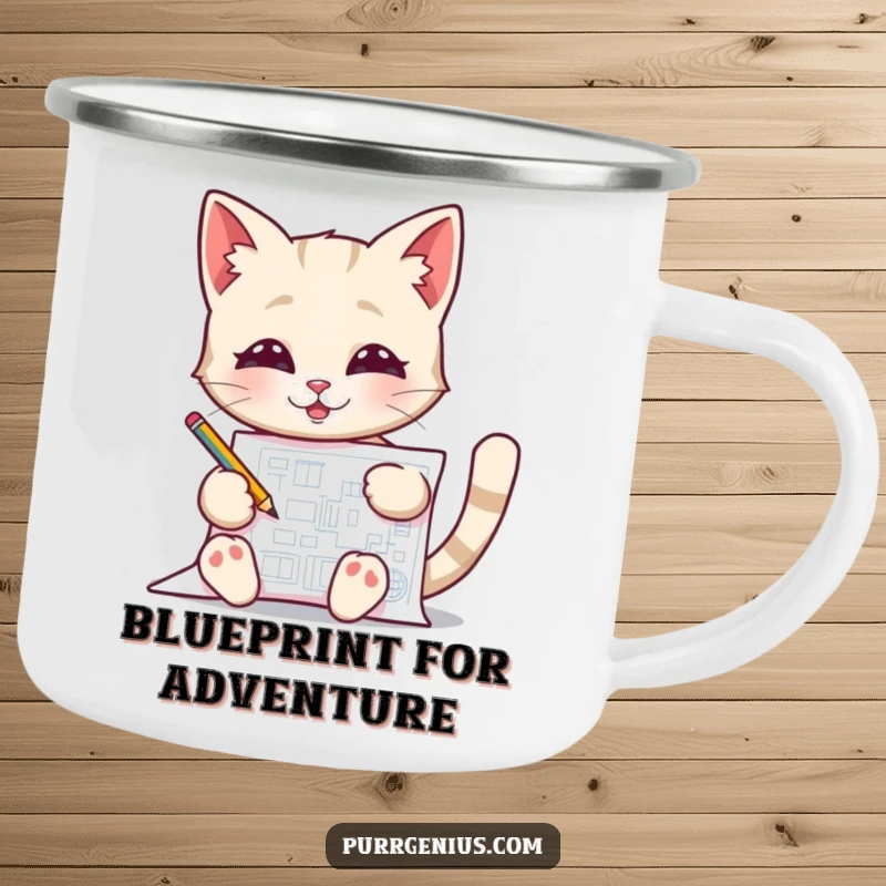 Funny Blueprint Cat Camping Mug, a durable mug with a cat drawing a blueprint, for outdoor creators.