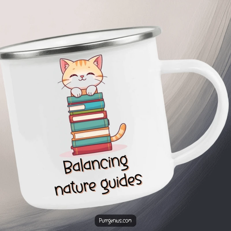 Funny Bookworm Cat Camping Mug: a cat balancing books on its head outdoors, combining reading and adventure, a fun funny gift.