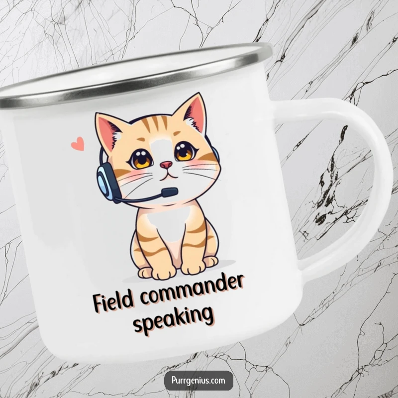 Funny Boss Cat Camping Mug: a cat with a headset giving instructions outdoors, combining leadership and adventure, a fun funny gift.