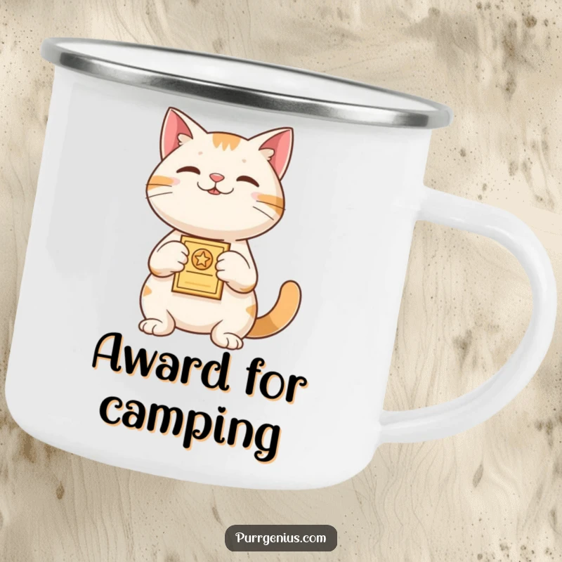 Funny Camping Mug: A proud cat holds a tiny award, symbolizing achievement and celebration for your outdoor adventures and warm drinks.