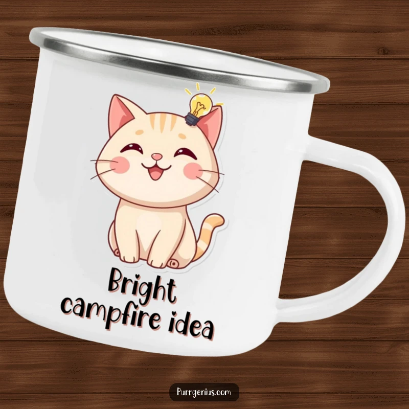 Funny Camping Mug: A cheerful cat with a lightbulb overhead, symbolizing bright ideas for your outdoor adventures and warm drinks.