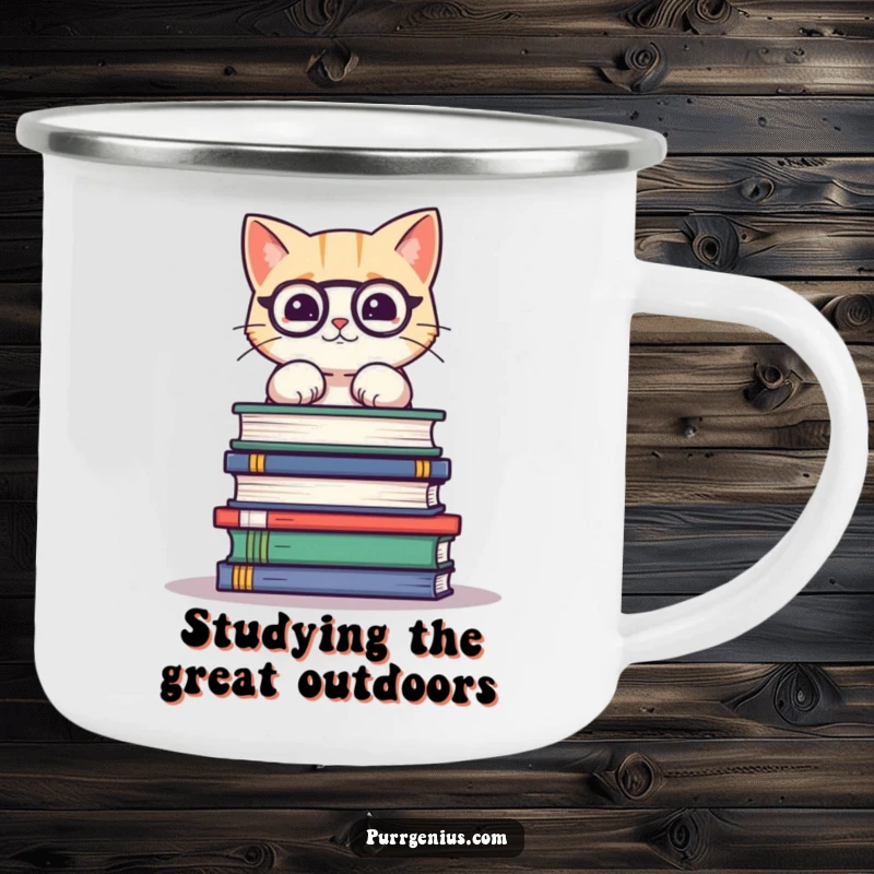 Funny camping mug featuring a cute cat precariously balancing a stack of science books, bringing humor to outdoor adventures.