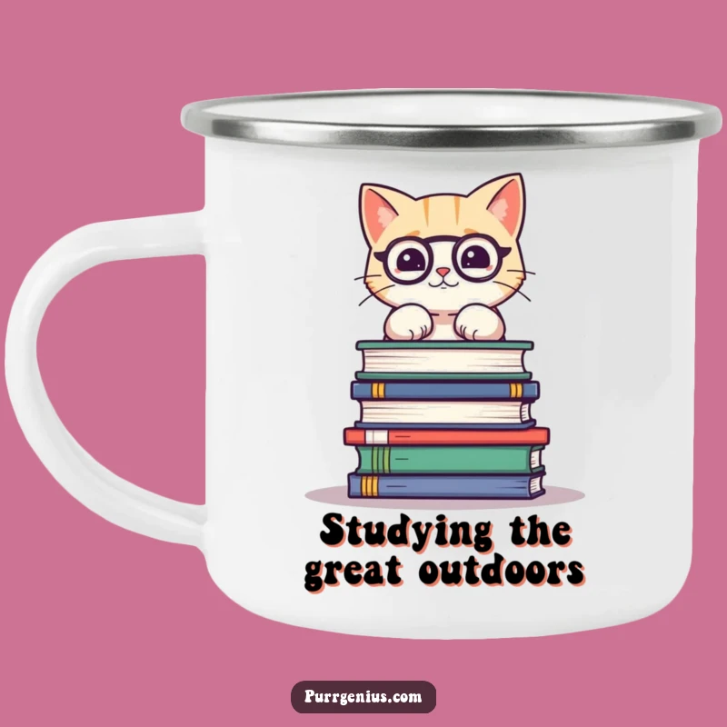 Funny Cat Balancing Books Camping Mug: Durable Kitty Mug, Hilarious Gift for Outdoors