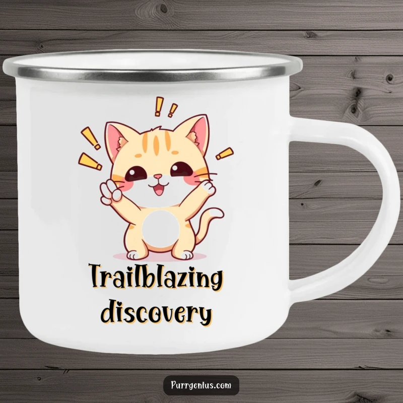 Funny camping mug featuring a cute cat in an 'aha!' pose, celebrating moments of discovery and brilliant ideas.