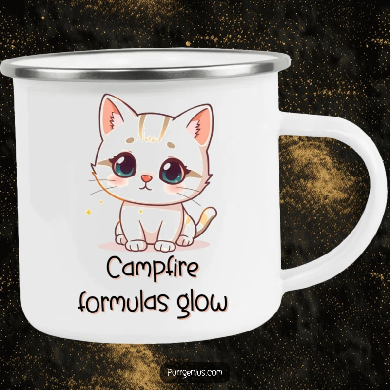 Funny camping mug featuring a cute cat character intrigued by a glowing scientific formula, perfect for outdoor science exploration.