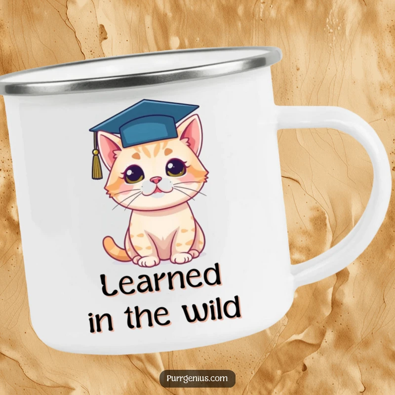 Funny camping mug showing a cat wearing a graduation cap, perfect for celebrating success in the great outdoors.