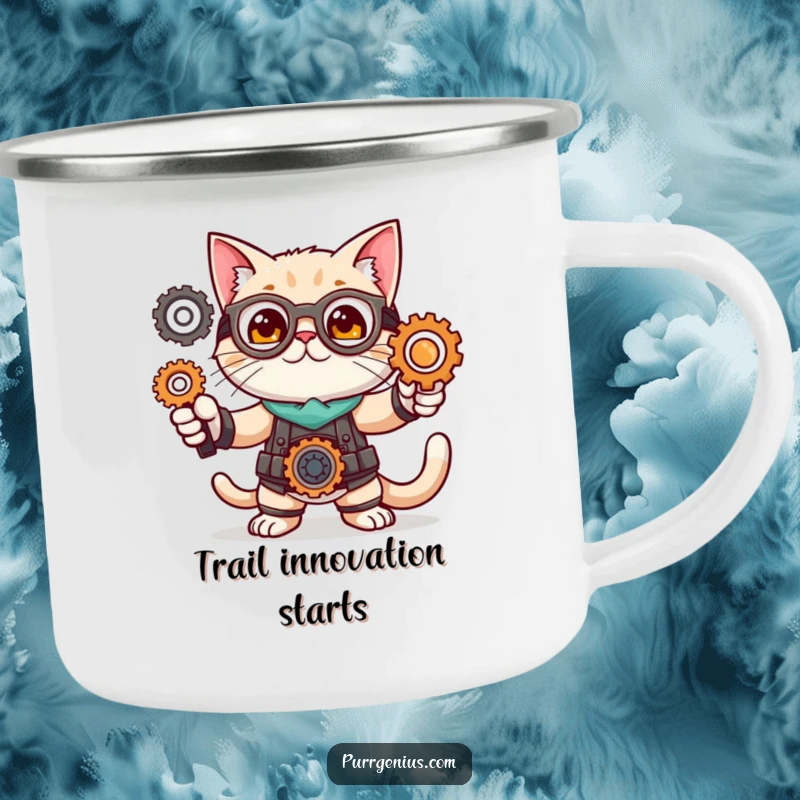 Funny camping mug featuring a cute cat character in an inventor pose with gears, perfect for outdoor creative sessions.