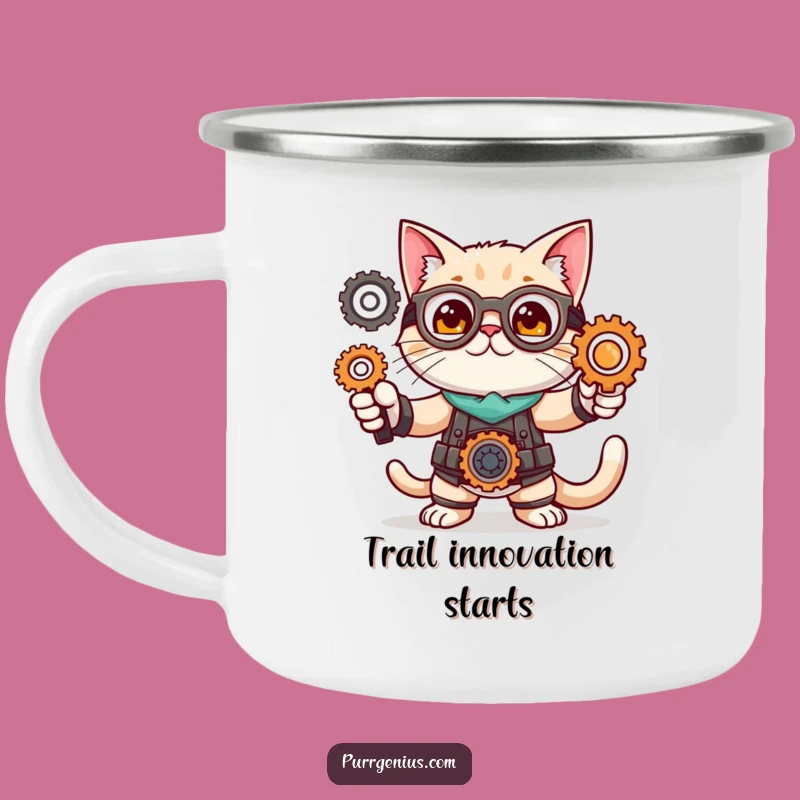 Funny Cat Inventor Camping Mug: Feline Pose Gears Outdoor Gift