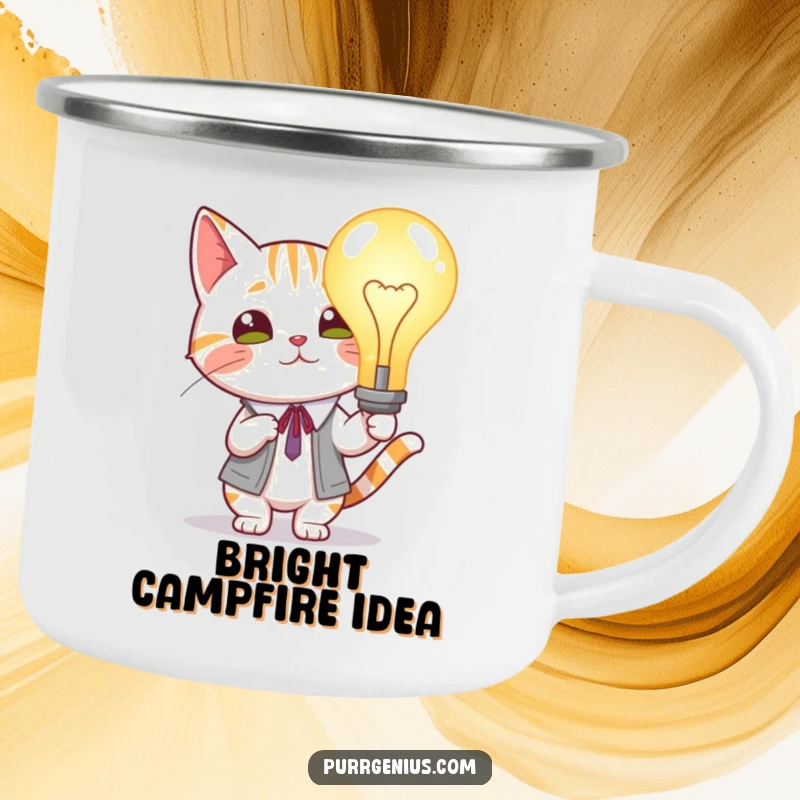 Funny Cat Lightbulb Camping Mug: Scholarly cat holding a glowing lightbulb, ideal for outdoor thinkers and adventurers.