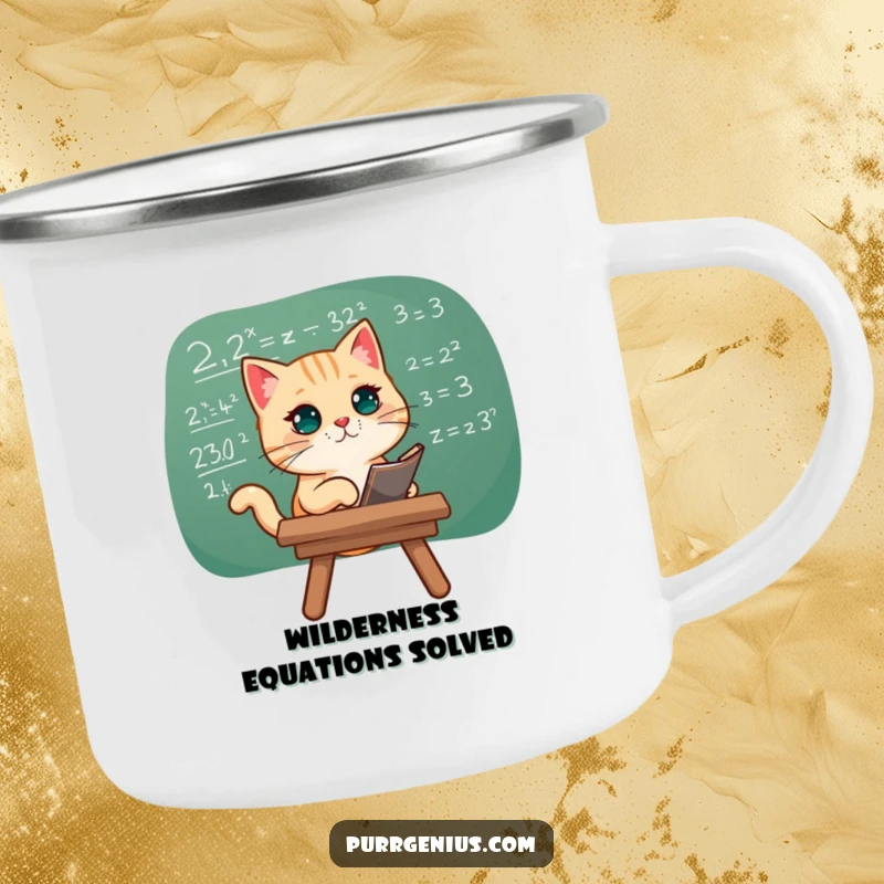 Funny camping mug showing a cat studying a complex equation, perfect for intellectual contemplation during outdoor trips.