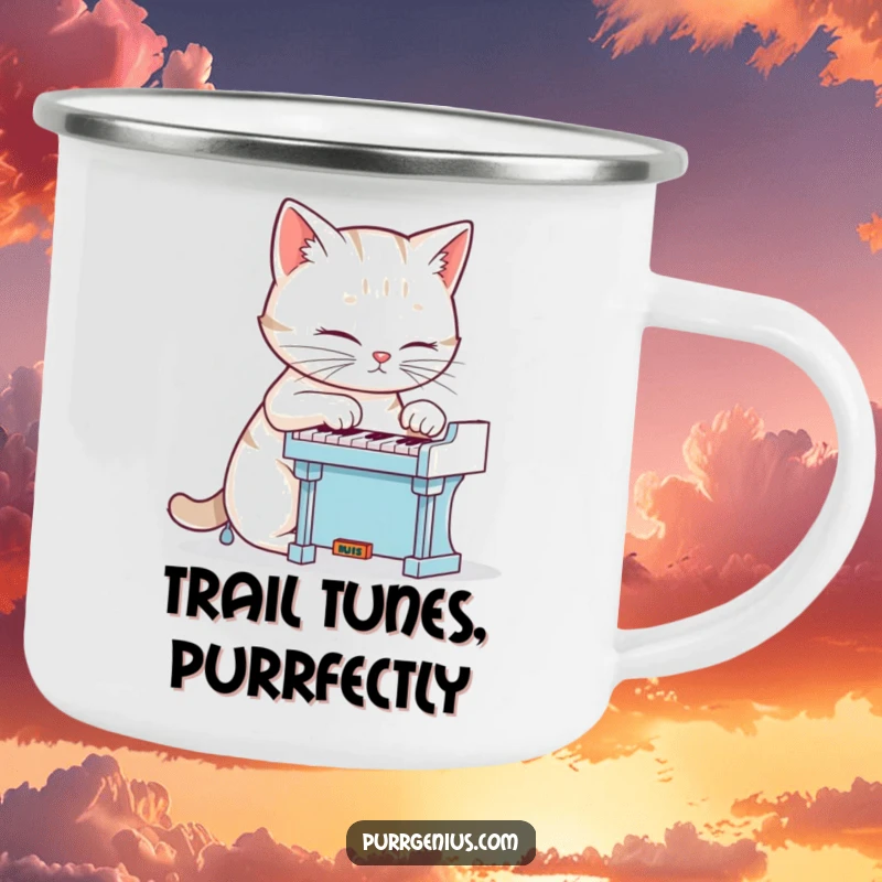 Funny cat playing a tiny piano in an outdoor setting, depicted on a durable camping mug, a humorous gift.