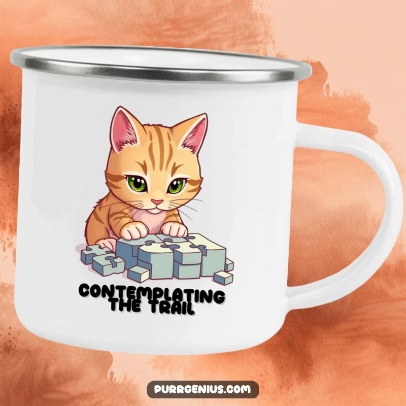 Funny enamel camping mug featuring a cat intently focused on solving a puzzle, ideal for outdoor adventures and coffee lovers.