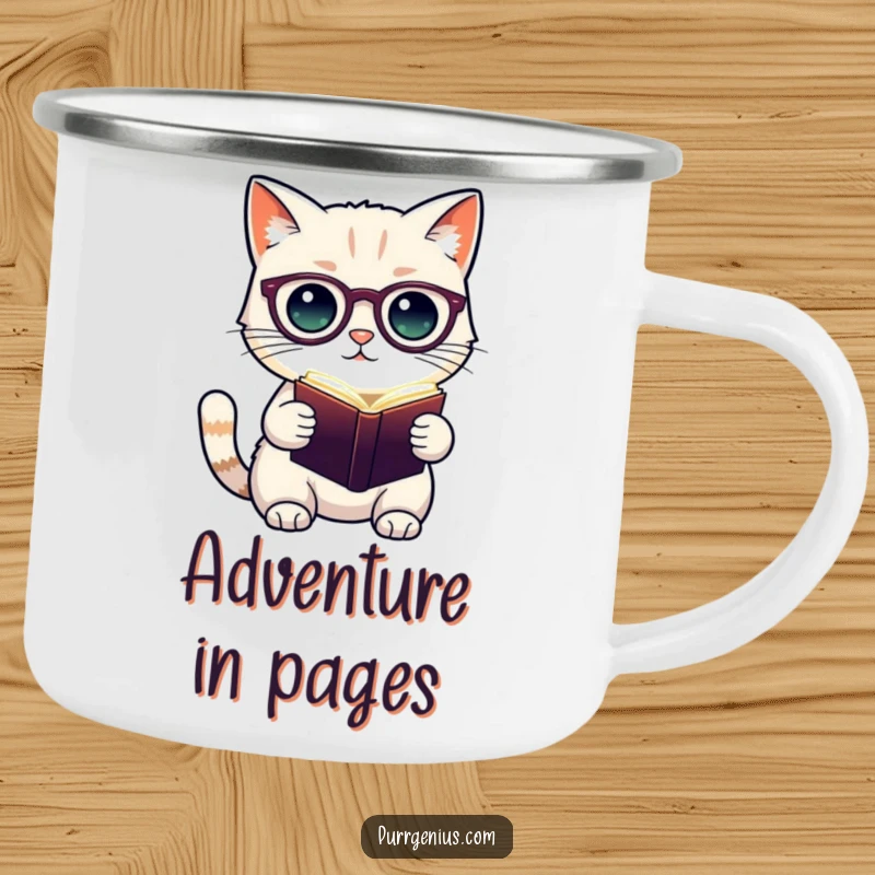 Funny camping mug featuring a cute cat character in spectacles holding a glowing book, perfect for outdoor reading and warm drinks.