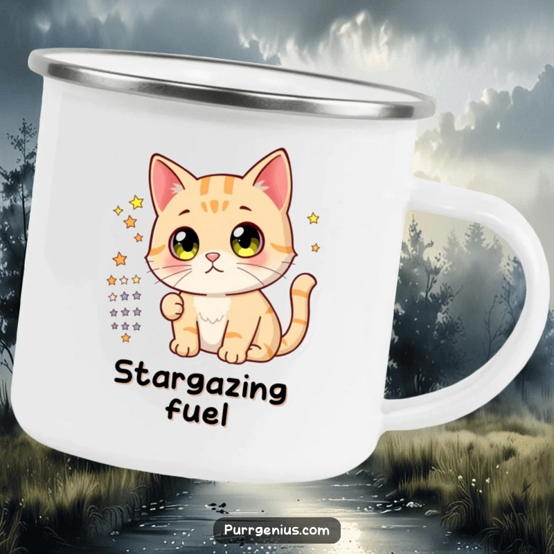 Funny camping mug featuring a cute cat with wide, curious eyes looking at a star chart, ideal for space-loving campers.