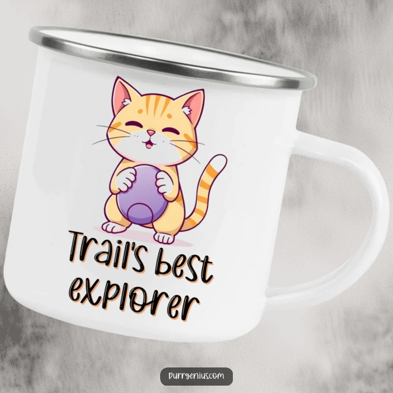 Funny Camping Mug: A clever cat performing a ball trick, ready for your outdoor adventures and providing a humorous companion.
