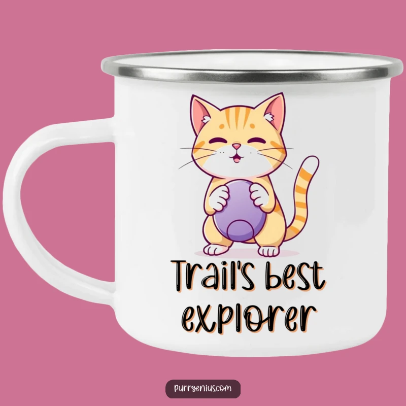 Funny Cat Trickster Camping Mug: Clever Feline Ball Masterpiece, Rugged Funny Gift for Outdoors