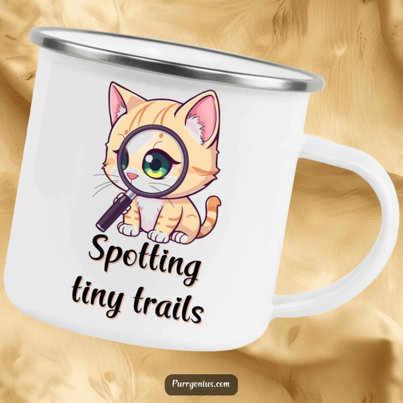 Funny Curious Cat Camping Mug: a cat with a magnified eye observing fine details, perfect for outdoor use, combining exploration and humor, a fun funny gift.