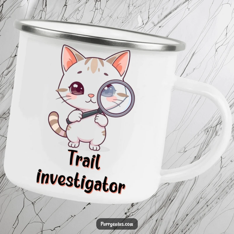 Funny Cat Camping Mug: A durable outdoor mug featuring a clever cat holding a magnifying glass, perfect for campers who enjoy exploring.