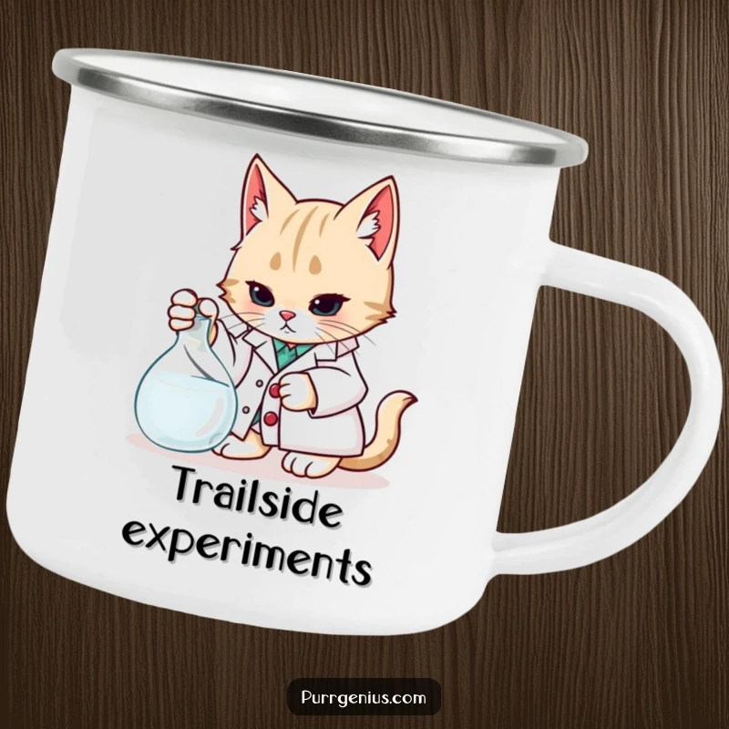 Funny Camping Mug: A cat in a lab coat explores nature, blending scientific curiosity with adventurous humor.