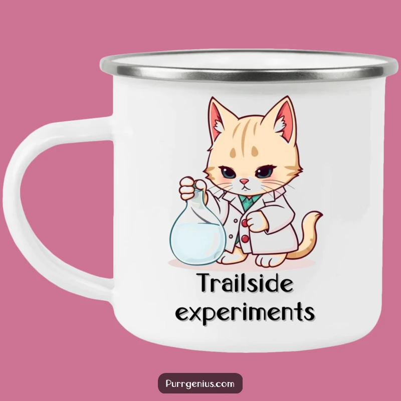 Funny Enamel Mug: Scientist Cat Adventure, Humorous Outdoor Lab Cup