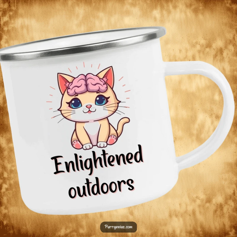 Funny Cat Camping Mug showing a cat with a glowing brain radiating funny knowledge, ready for smart outdoor experiences.