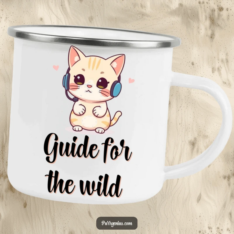 Funny Headset Cat Camping Mug, a durable mug with a cat wearing a headset, for outdoor leaders.