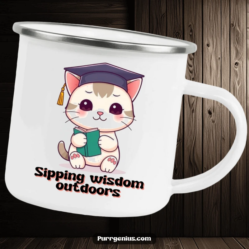 Funny kawaii cat in a graduation cap holding a book, on a durable camping mug for smart adventurers.