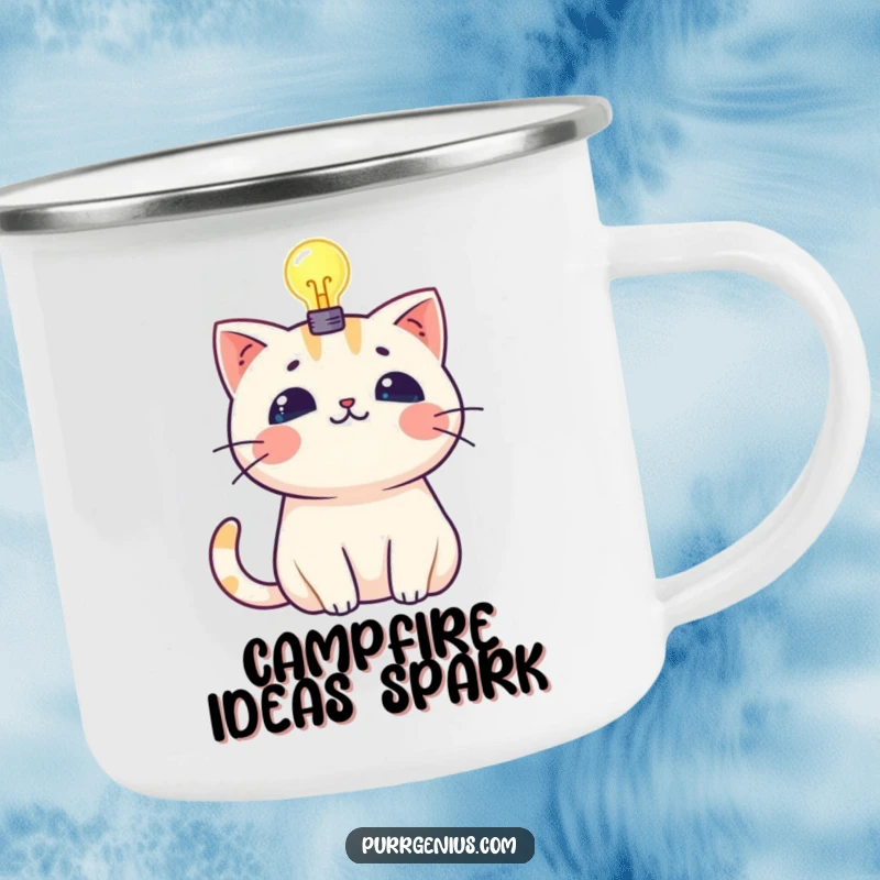 Funny kawaii cat with a glowing lightbulb symbolizing a bright idea, on a durable camping mug.
