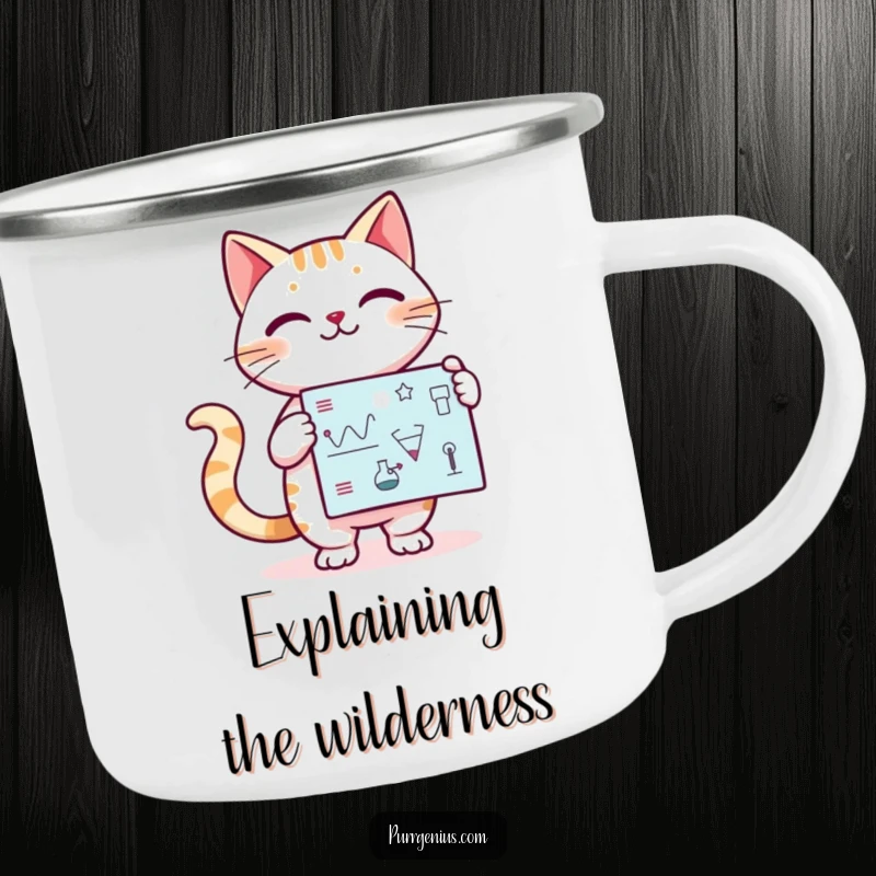 Funny Kawaii cat confidently presenting a scientific diagram, designed for a durable camping mug, perfect for outdoor humor.