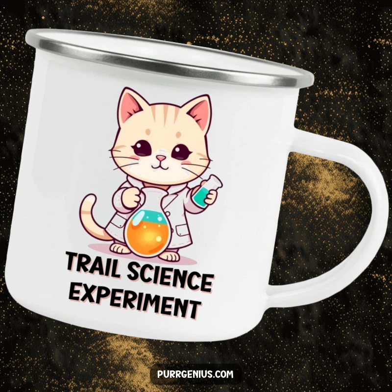 Funny Kawaii cat in a lab coat stirring a colorful beaker, designed for a durable camping mug, perfect for outdoor humor.