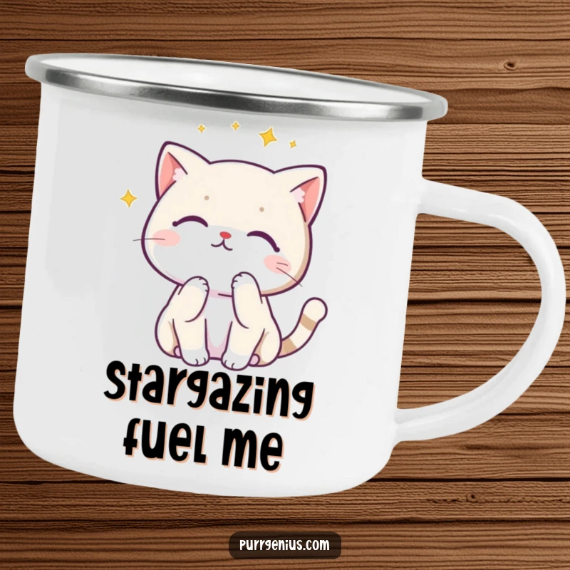 Funny Kawaii cat in a thinking pose looking at a constellation, designed for a durable camping mug, perfect for outdoor humor.